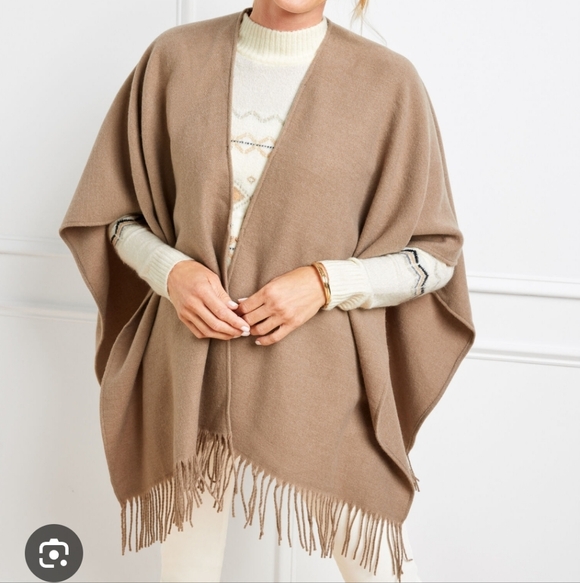 Talbots Sweaters - Soft Tan Fringe Poncho Shawl Wrap Cozy Neutral Cape Modern Classy
